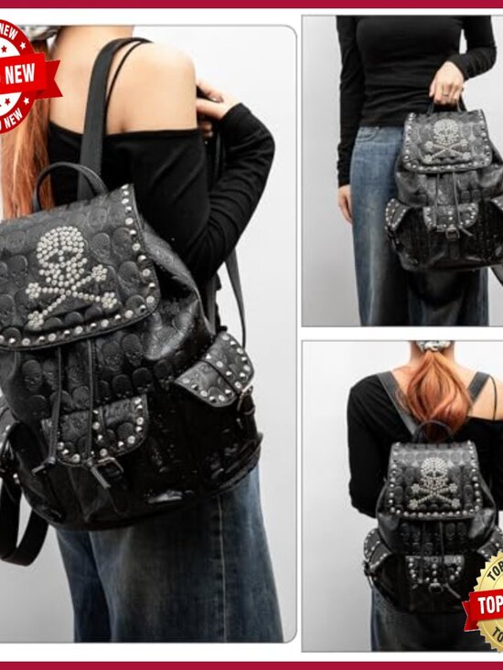 Gothic Skull Embossed Backpack with Rhinestones, Multi-Pocket Daypack